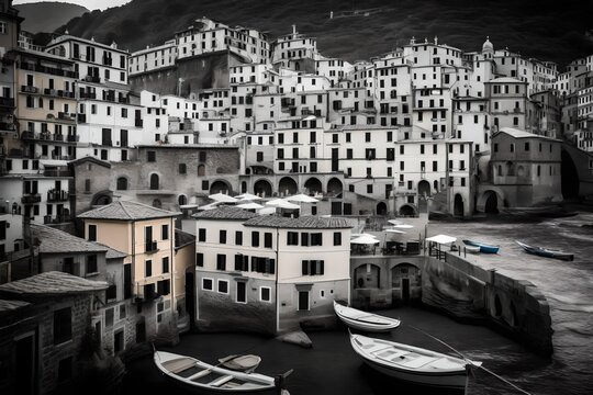 Fototapeta A cinematic black and white photograph of Vernazza village at dawn, capturing its timeless beauty and atmospheric charm in high resolution