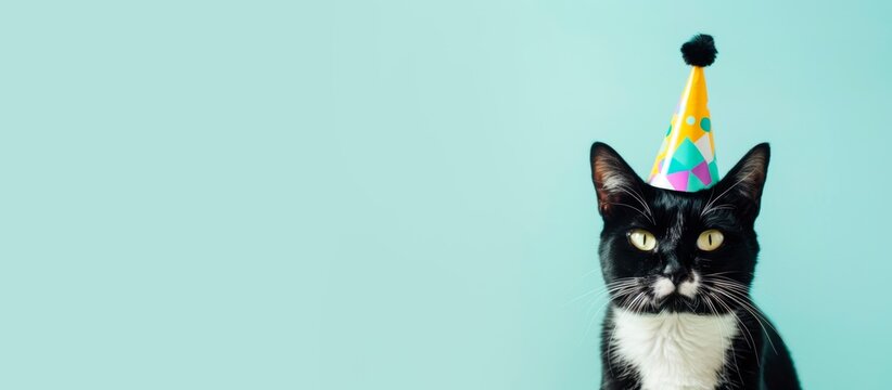 Black and white cat wearing a birthday hat isolated on a pastel blue background with copy space, horizontal banner or card, happy birthday concept 