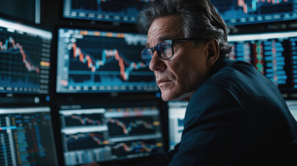 Stock trading investor, trader or broker analyst working analysing exchange market using computer investing money in financial market analyzing charts data looking at computer screen.
