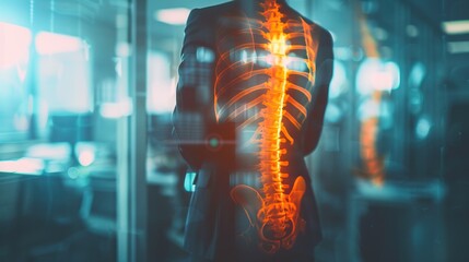 A digital composite image showing a person with a glowing representation of a spine overlaid on their silhouette - Powered by Adobe
