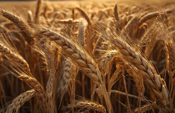 Close up de Espigas de trigo doradas en un campo de cultivo bajo el sol listas para la cosecha. Produccion agricola