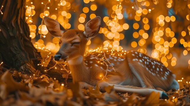  A deer resting beside a Christmas-lit tree