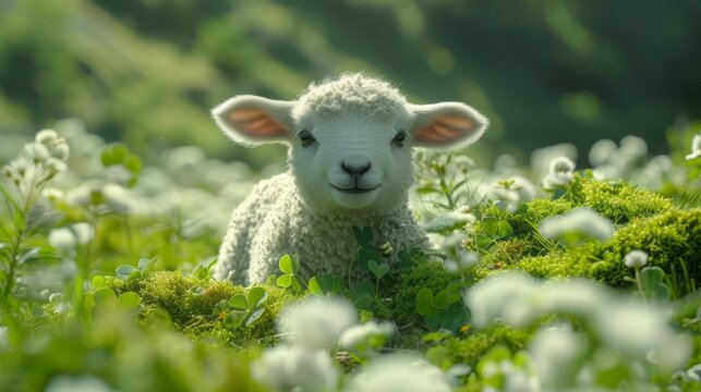  A sheep's face, grassy meadow with flowered foreground, tree-lined backdrop