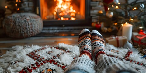 A woman enjoys a cozy Christmas by the fireplace in winter socks. Concept Cozy Christmas vibes,...