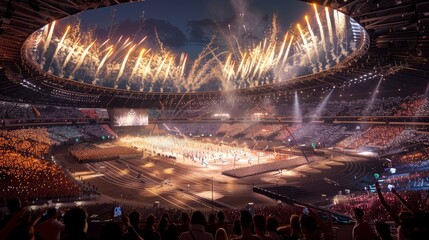 Fireworks at Olympic Games opening ceremony in a stadium. Spectacular sports event celebration with audience.