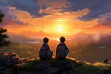 Obraz premium friends watching the sunset on a cliff at the ocean