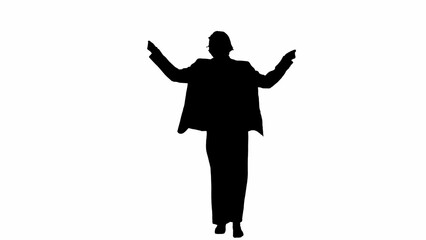 Business woman in formal outfit walking and dancing. Front view. Black silhouette on a white isolated background.