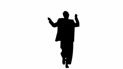 Business woman in formal outfit walking and dancing. Front view. Black silhouette on a white isolated background.