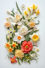 A wreath made of white and yellow flowers, with white daisies and yellow roses on the outer edge, white carnations on the inner edge, and green leaves, on a plain white background.