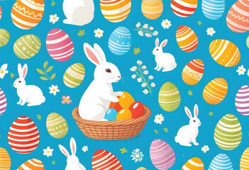 a blue background with a bunny and eggs and a bunny in a basket