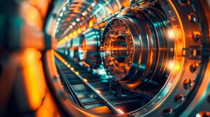 The inner workings of a particle accelerator captured in mesmerizing detail, a testament to humanity's quest for understanding the building blocks of matter. - obrazy, fototapety, plakaty