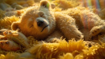  A brown  bear atop a heap of yellow stuffed animals, atop a bed of yellow fluffy fabric
