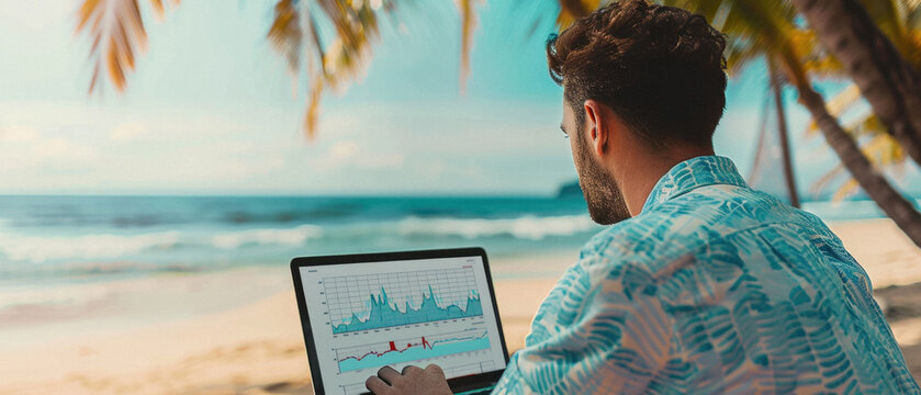Successful rich stock trading investor, trader or broker relaxing on summer beach at sea using laptop computer investing money in rising financial market analyzing charts on screen. Over shoulder.