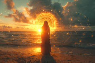 Psychic waves concept with sunset at the beach. 
Open-minded girl on the beach. Brain and heart coherence. Woman in deep meditation. - obrazy, fototapety, plakaty