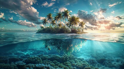 palm island blue transparent sea - obrazy, fototapety, plakaty