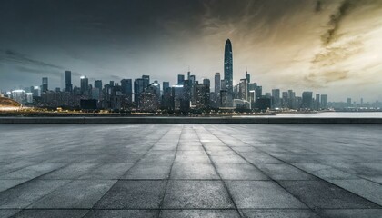 Concrete floor with cityscape and skyline background - Powered by Adobe