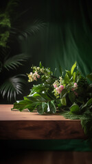 Studio photography shot, lush greenery, flowers, tropical background, overhanging leaves with a beautiful thick wooden tabletop for a product photo shoot