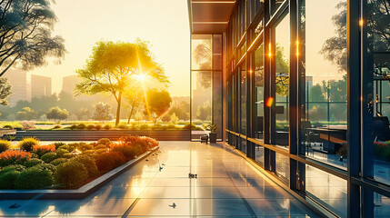 Modern architecture blending business and green urban spaces, with a focus on sustainability and environmental design
