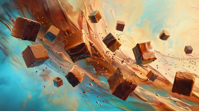 Fudge squares airborne in a rich dynamic chocolate confectionery scene.