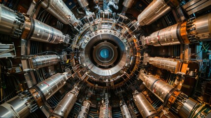 The intricate machinery of a particle detector, poised to capture elusive particles that hold the key to fundamental physics.