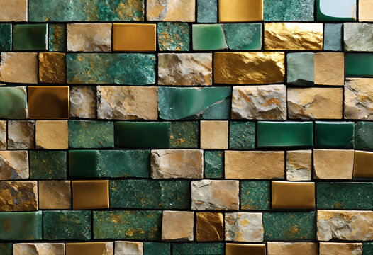 Background stone wall pattern green, gold luxury