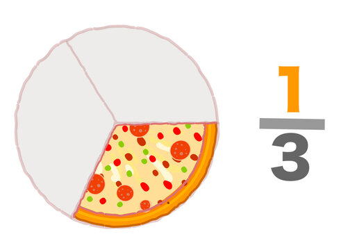 Third one for three divide. Fraction pizzas, slices half whole halve 1, 3. cheap. Triplet eaten pizza slices, half remaining. Pie chart ratio infographic. Mathematic worksheet. Vector illustration