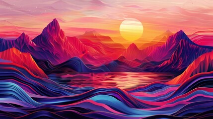 A beautiful painting of a sunset over a mountain range with a large sun in the sky. The colors are vibrant and the scene is peaceful and serene