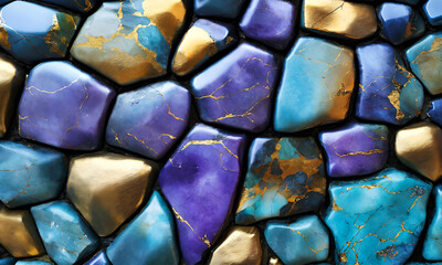 Obraz na płótnie Canvas Background stone wall pattern tile mosaic design wallpaper abstract texture blue, purple, gold luxury