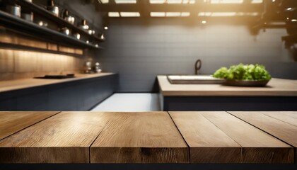Empty wooden table inside professional restaurant kitchen , for product placement advertisement - obrazy, fototapety, plakaty