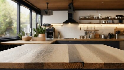 Empty wooden table inside professional restaurant kitchen , for product placement advertisement