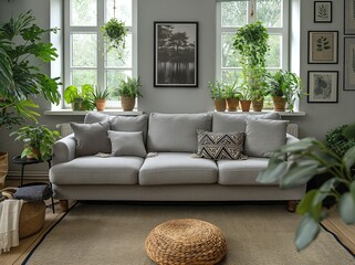 Colorful green nature interior design of modern apartment with fabric sofa and home plants. Interior mockup. Generative AI