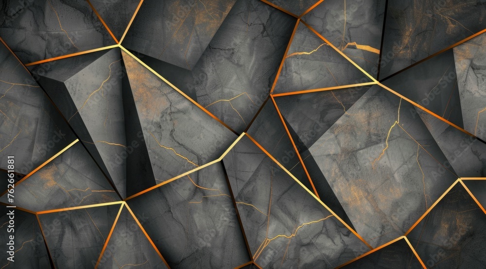 Poster a geometric pattern with golden lines on gray background, low poly style, art deco style generative 