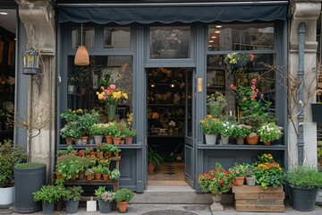 Fototapeta na wymiar Stylish summer exterior concept of floral shop. City concept. Generative AI
