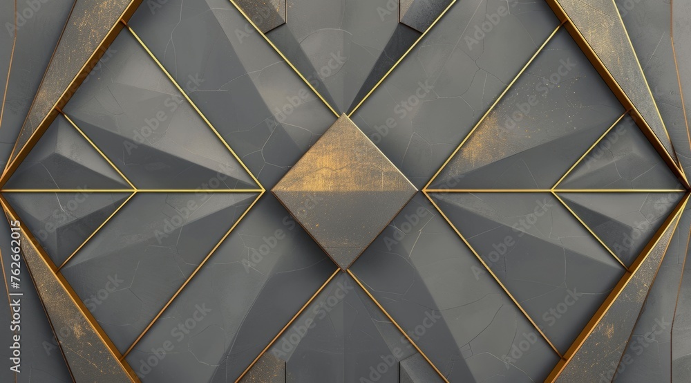 Poster a geometric pattern with golden lines on gray background generative ai