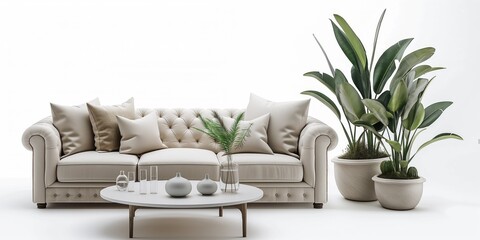 Stylish isolated on white interior concept with white fabric sofa and green home plants, modern table with home decor. Interior mockup. Generative AI