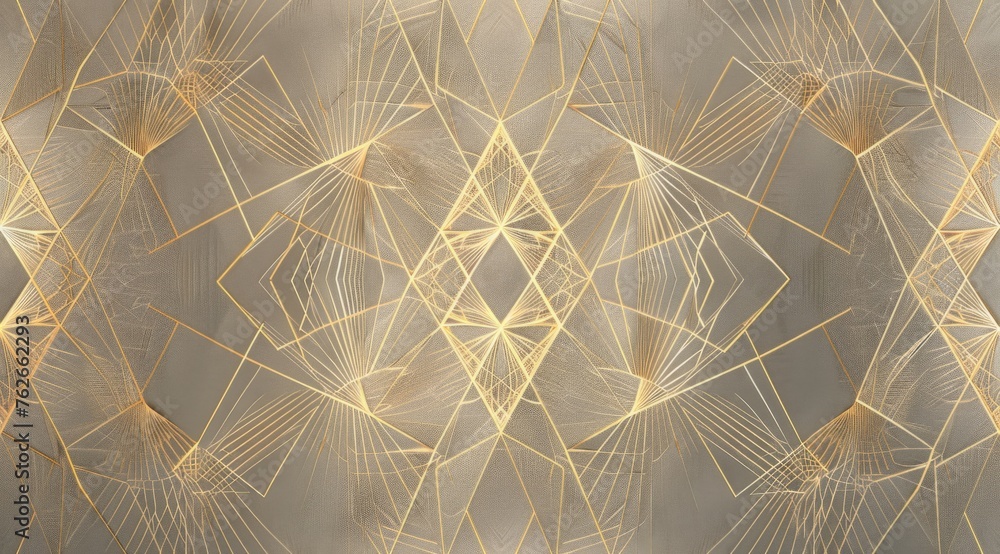 Poster pattern of lines and triangles in gold on grey, creating an intricate design with the illusion that 