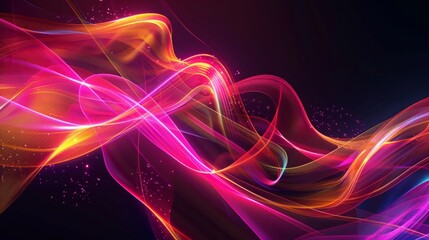 Magical neon swirl of yellow and pink striped waves on a black background, creating a captivating abstract.