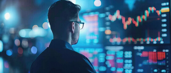 Stock trading investor, trader or broker analyst working analysing exchange market using computer investing money in financial market analyzing charts data looking at computer screen. - obrazy, fototapety, plakaty