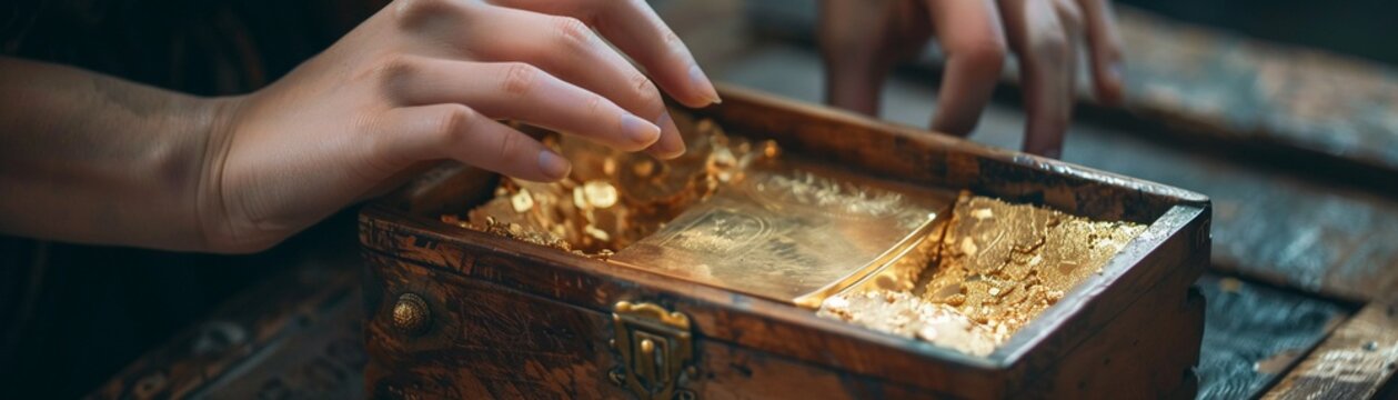 Closeup of hands gently opening an ancient box filled with pure gold, set against the backdrop of a creative studio room