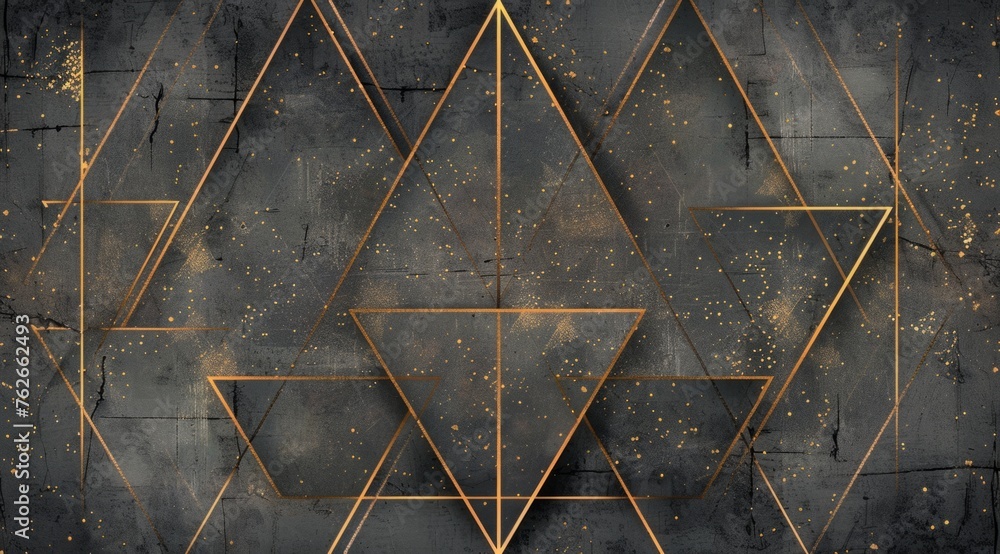 Poster abstract symmetrical line art pattern with triangles and lines, grey background, golden details gene