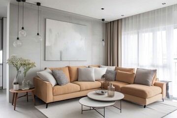 Interior design of modern apartment with bright sofa, table home plants and decoration. Interior mockup. Scandinavian interior design. Generative AI
