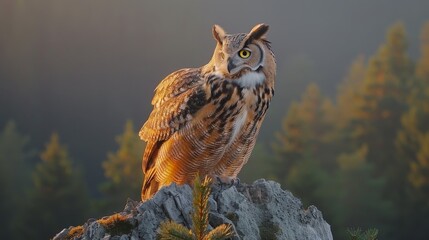  An owl perched atop a rock amidst tree-dotted surroundings, with a hazy sky shrouding the foreground