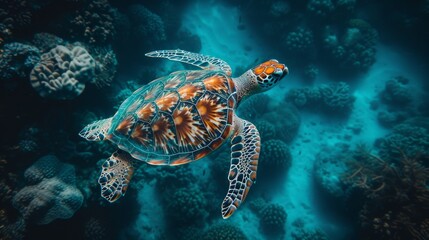  A photo of a turtle atop coral, surrounded by more