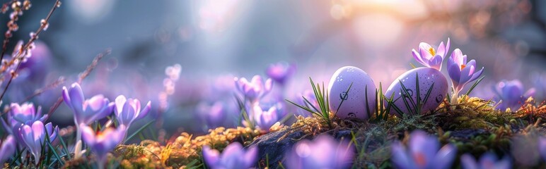 Two Eggs on Moss Covered Rock - obrazy, fototapety, plakaty