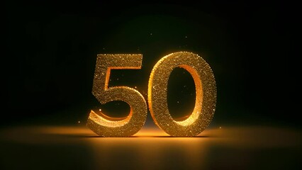 Golden number 50 from particles, numbering, fifty, golden numbers with sparkling lights. Celebration,festive,Happy birthday design. Fiftieth number,anniversary on black background party design