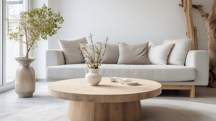 Serene Living Space with a White Couch and Rustic Wooden Coffee Table