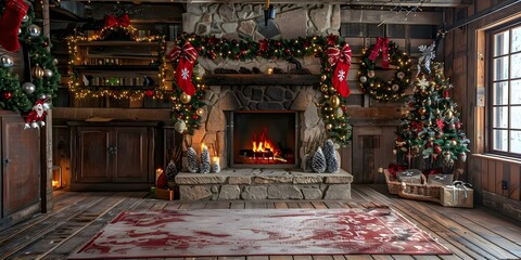 Classic holiday scene with fireplace ornaments and cozy nook in chalet. Concept Holiday Decor, Cozy Fireplace, Rustic Chalet, Festive Ornaments, Winter Nook - obrazy, fototapety, plakaty