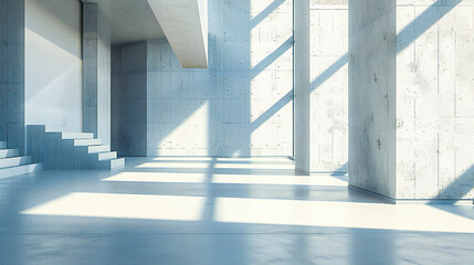 Minimalist concrete design, where the interplay of light and shadow crafts a stark yet intriguing architectural space