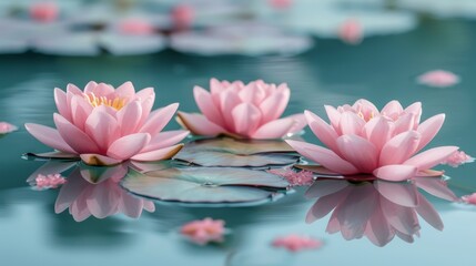  A cluster of pink water lilies floats above a water surface with lily pads in the foreground