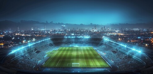 Aerial View of Soccer Stadium at Night - obrazy, fototapety, plakaty